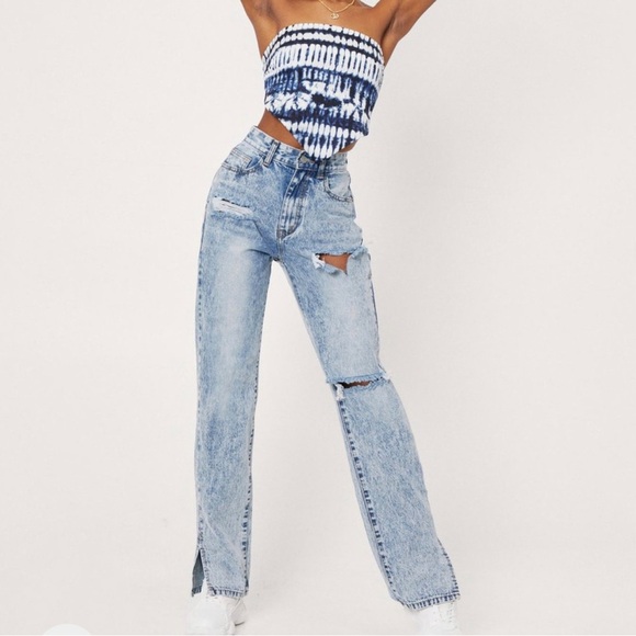 Nasty Gal jeans Split Hem Distressed Straight Leg Jeans US SZ 8 distressed acid - Picture 1 of 12